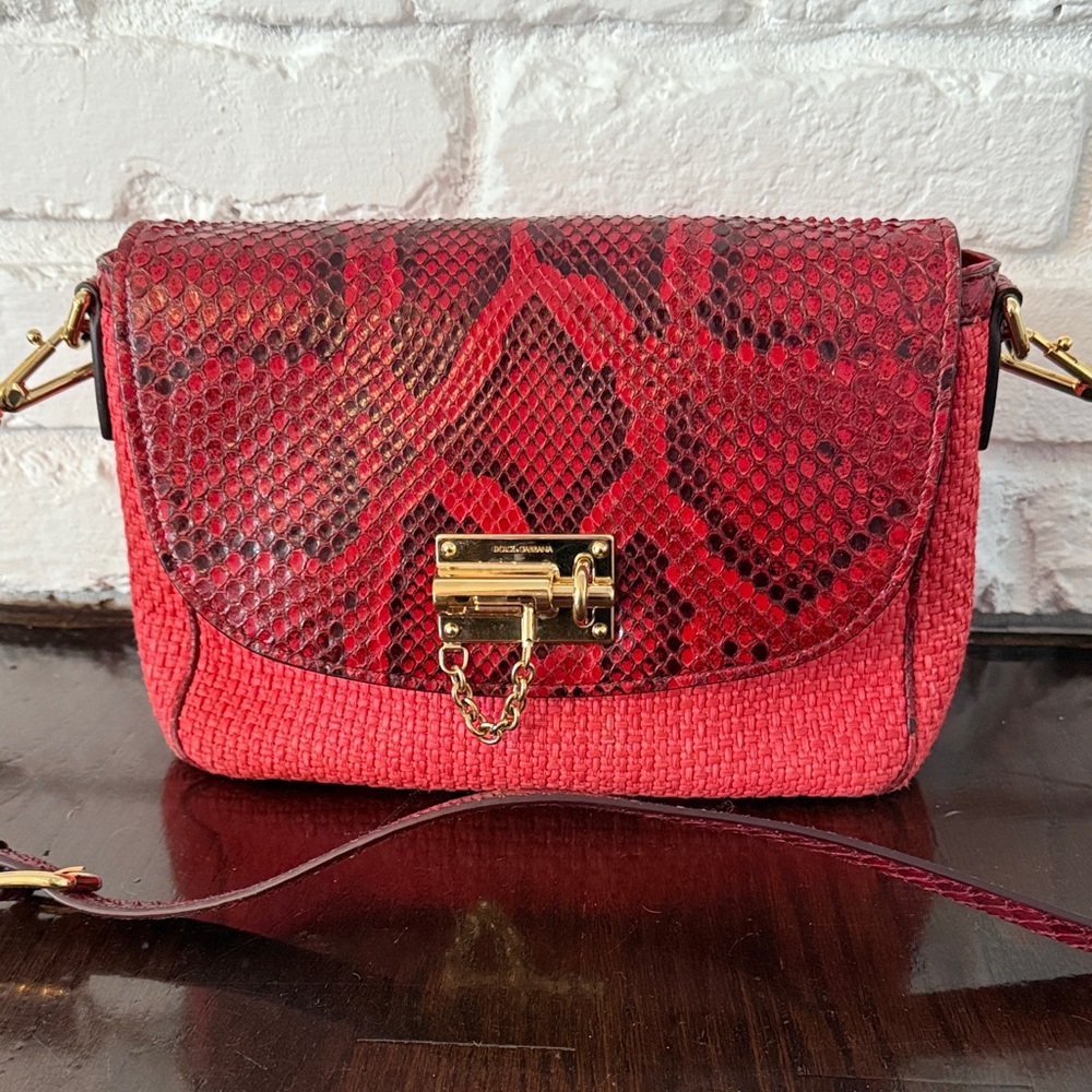 Dolce & Gabbana Red and Black Snakeskin Raffia Python Bag Gold Lock Hardware